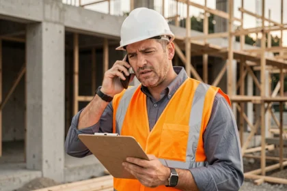 Chef de chantier en gilet orange téléphonant devant un immeuble en construction pour contacter le service client Turbotravaux