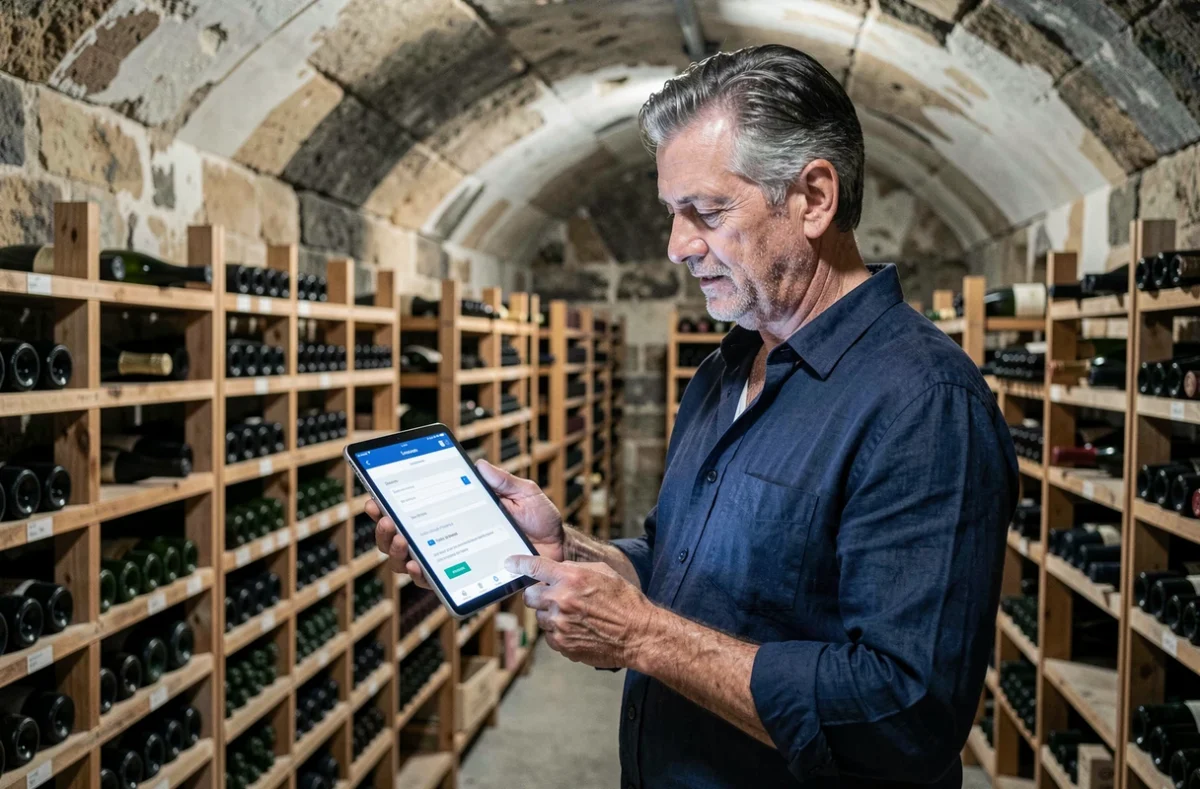 Chef de cave consultant les paramètres de son compte CIVC sur une tablette dans une cave à champagne historique