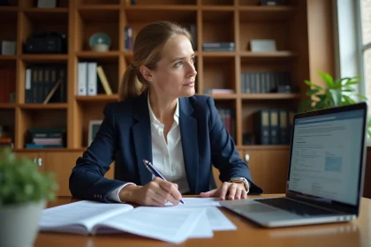 Femme cheffe de petite entreprise consultant des documents de dépôt de brevet à l'Institut national de la propriété intellectuelle