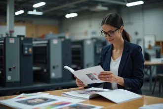 Femme examinant des échantillons d'impression dans un atelier professionnel pour choisir un imprimeur de qualité