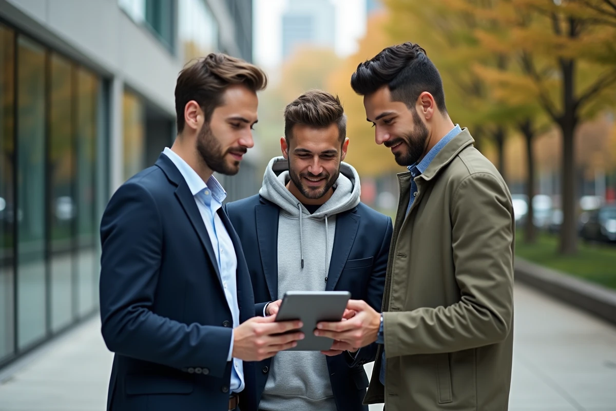 Groupe de jeunes professionnels discutant d'une citation de Maxwell sur le leadership autour d'une tablette dans un campus d'entreprise moderne