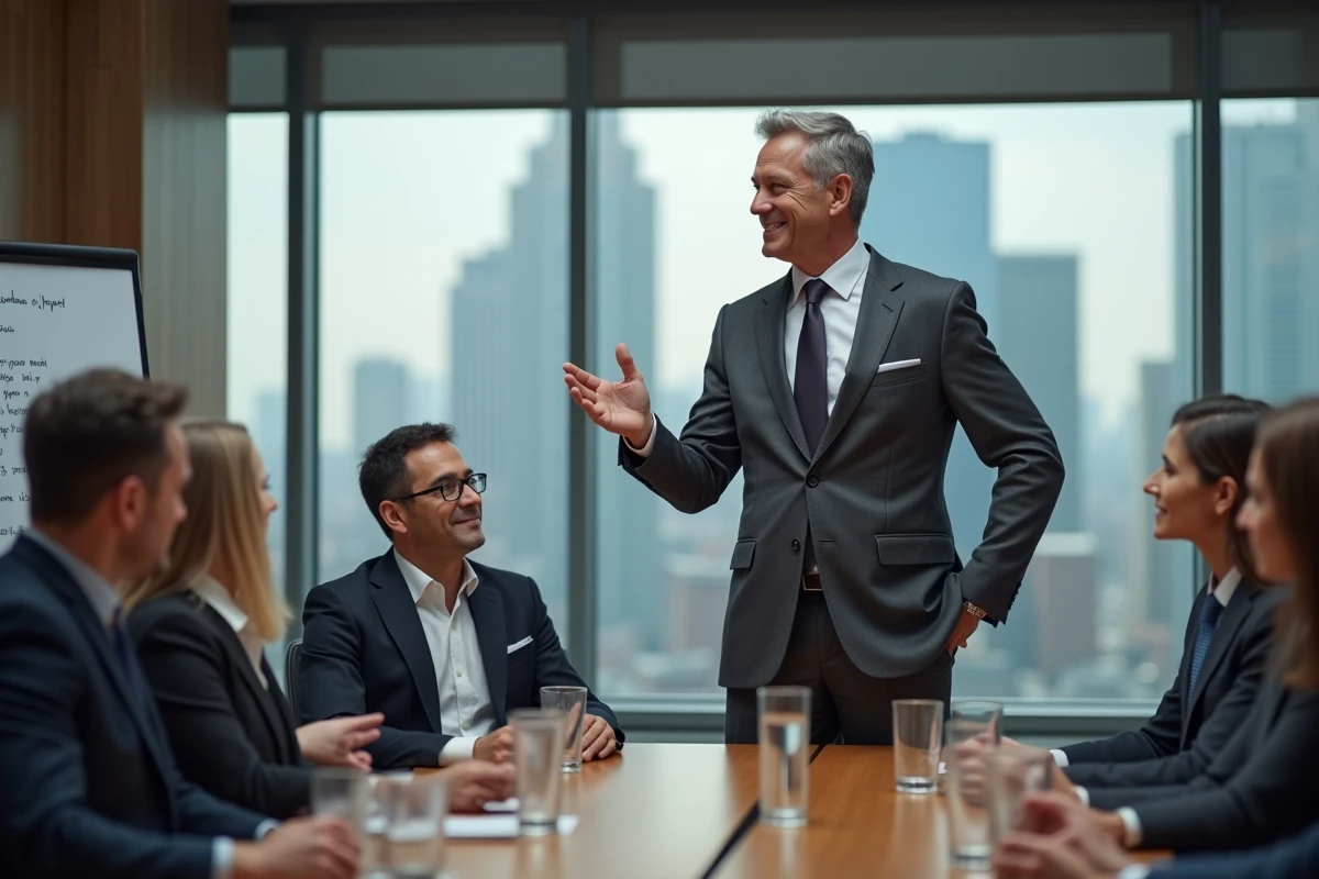 Leader charismatique en costume gris anthracite gestuant devant son équipe en salle de réunion, illustrant une citation de Maxwell sur le leadership
