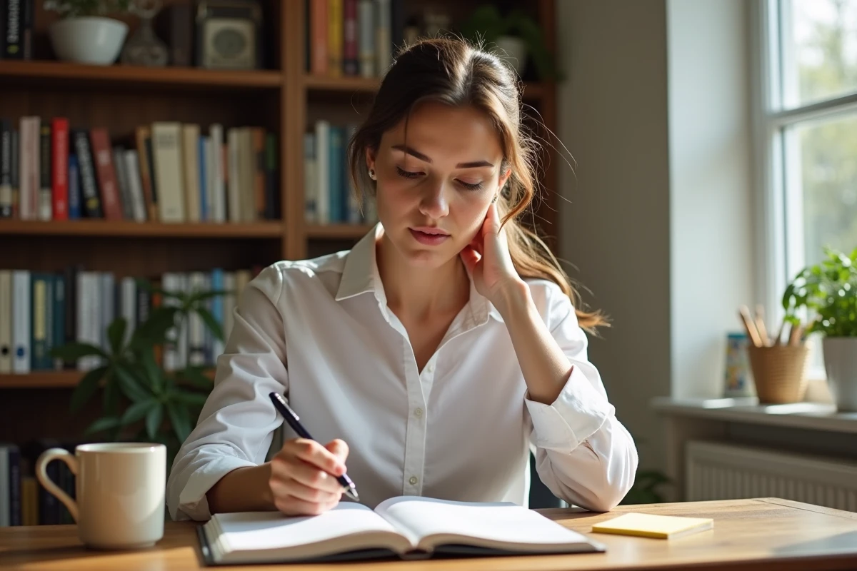 Femme lisant un livre sur le leadership de John Maxwell dans un bureau à domicile, entourée de livres de management et de notes personnelles