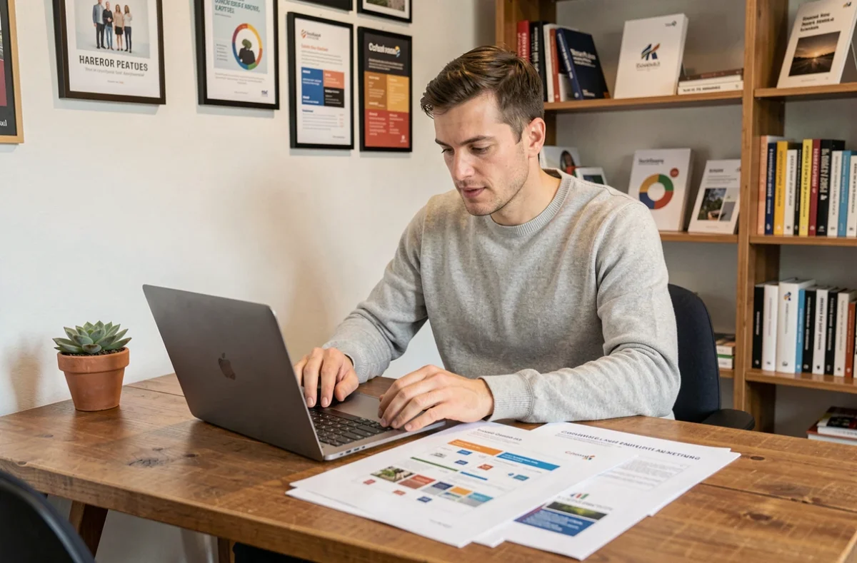 Consultant en communication de C'la Com travaillant sur des supports marketing imprimés et numériques dans un bureau convivial à Toulouse