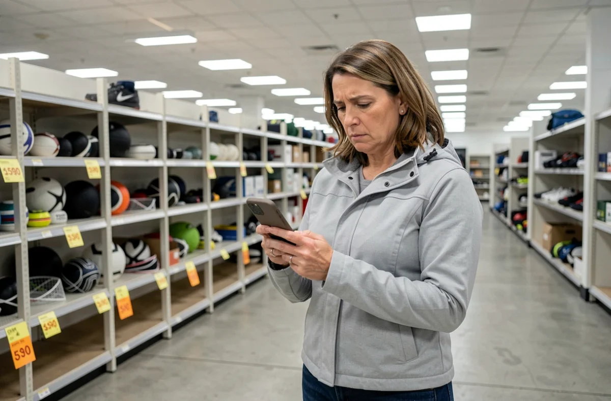 Femme consultant son téléphone dans un magasin de sport avec des rayons partiellement vides en arrière-plan