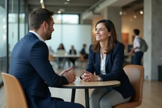 Coach professionnelle en entretien individuel avec un collaborateur dans un bureau moderne, illustrant une session de coaching en milieu professionnel