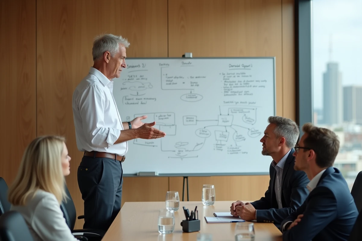Coach exécutif animant un atelier de coaching de groupe devant un tableau blanc dans une salle de réunion moderne
