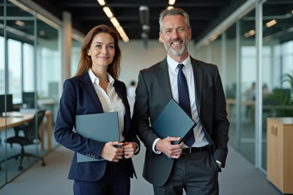 Deux professionnels en tenue de travail formelle dans un bureau moderne, illustrant l'importance du code vestimentaire en entreprise