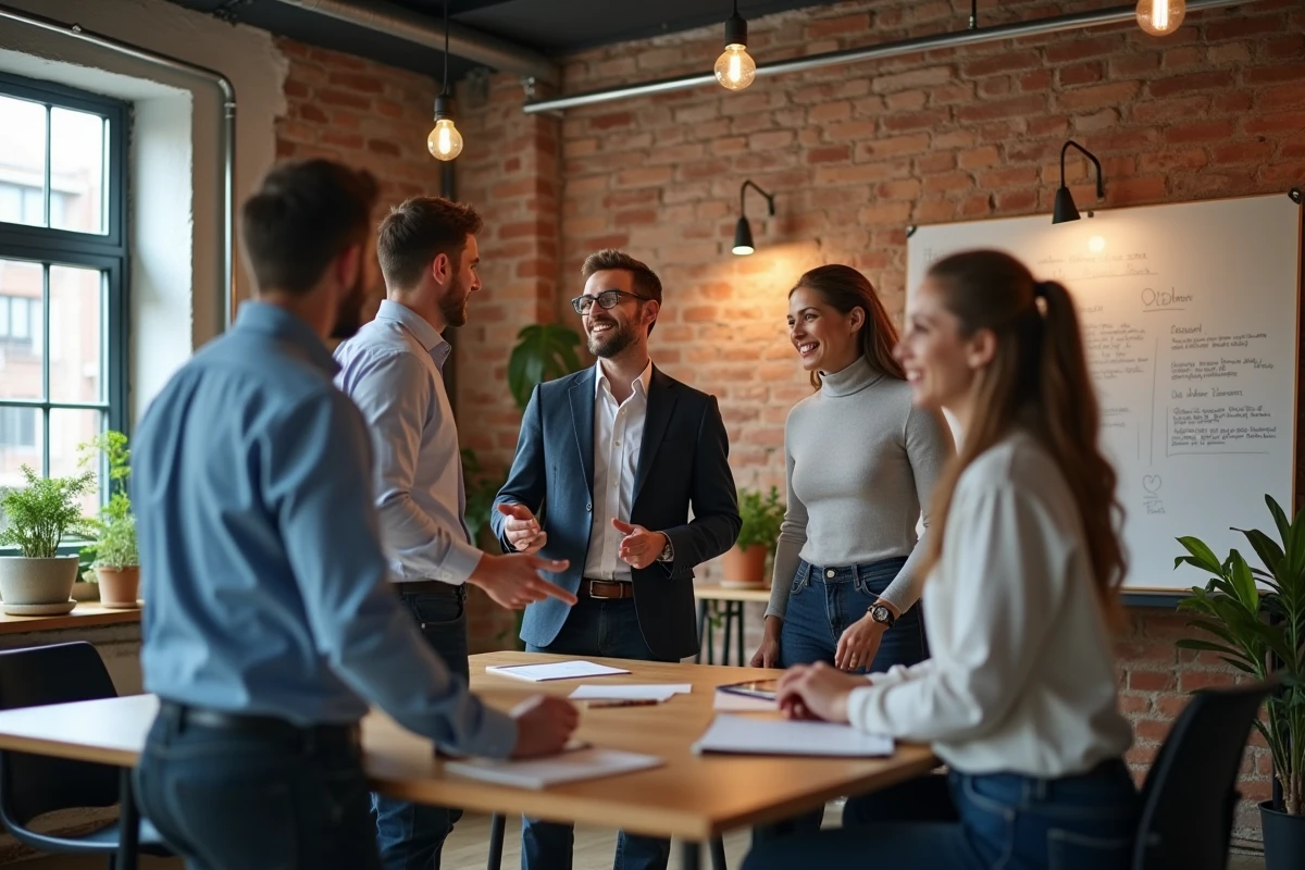Groupe de collègues en tenue smart-casual lors d'une réunion dans un espace de coworking, représentant la diversité des codes vestimentaires au travail