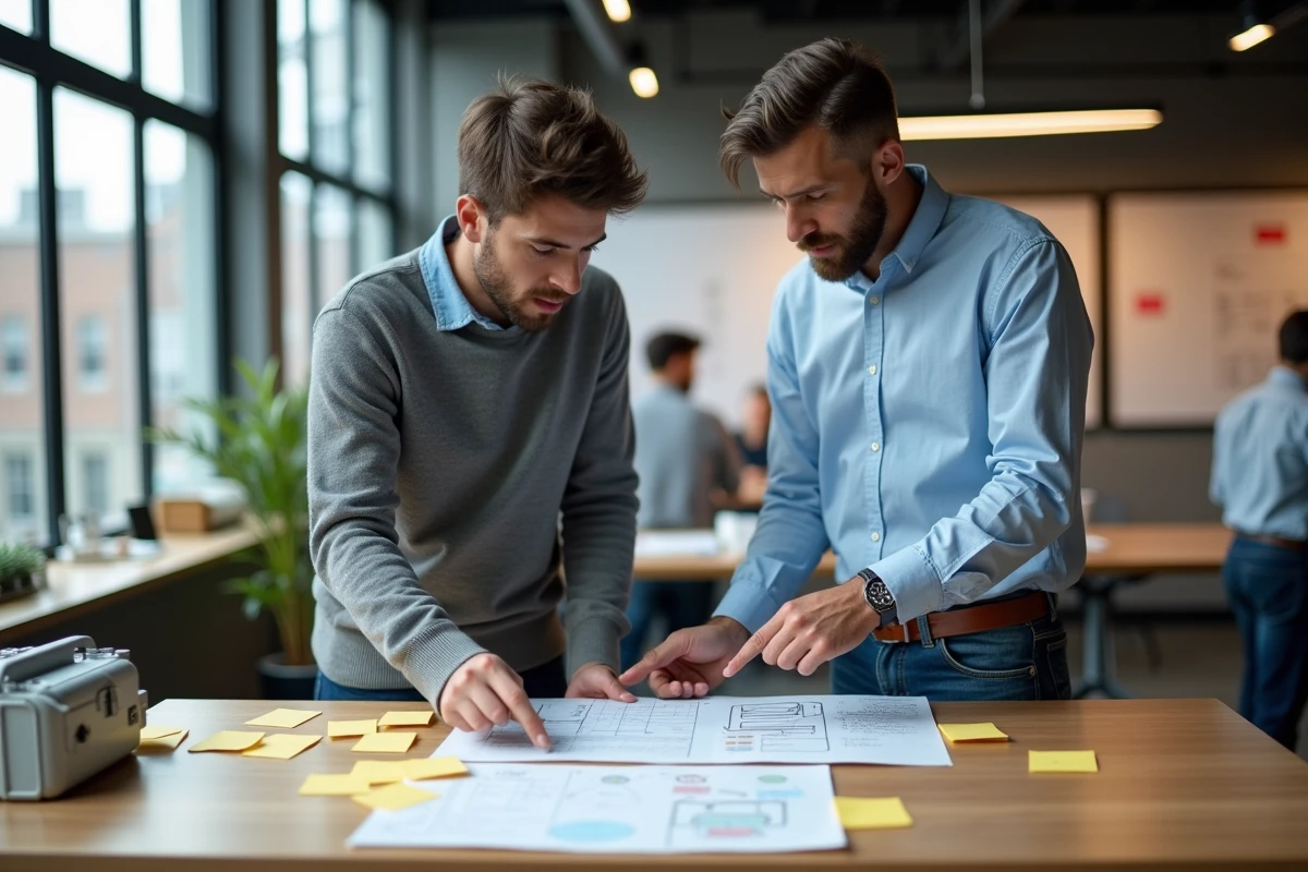 Deux cofondateurs de startup discutant d'une stratégie de propriété intellectuelle avec des documents INPI