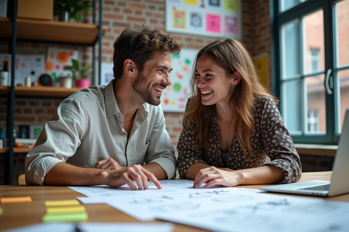 Deux professionnels créatifs collaborant sur un projet événementiel dans l'espace de travail d'un centre culturel
