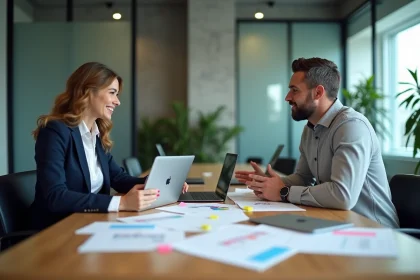 Deux professionnels en réunion de collaboration autour d'une table de travail avec documents et ordinateurs portables dans un bureau moderne