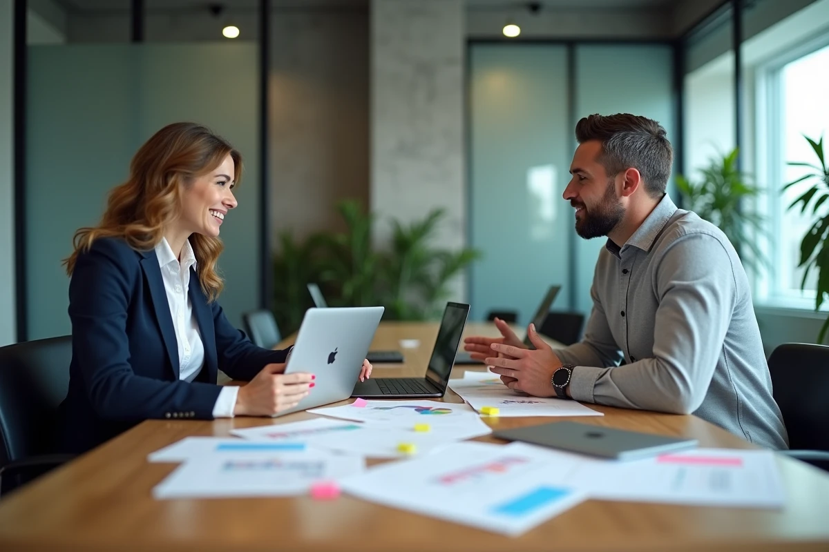 Deux professionnels en réunion de collaboration autour d'une table de travail avec documents et ordinateurs portables dans un bureau moderne