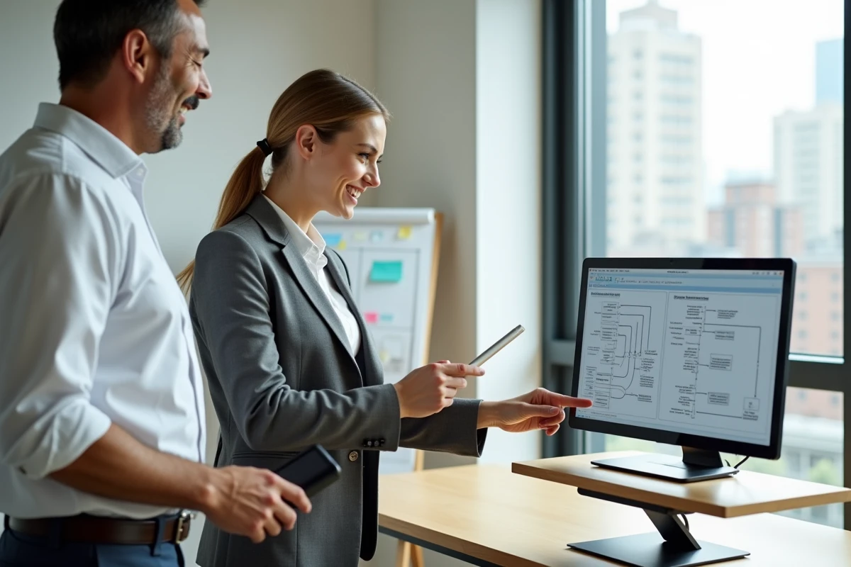 Deux collaborateurs d'une PME discutant d'un plan de connexion BI sur ordinateur portable avec schéma de déploiement