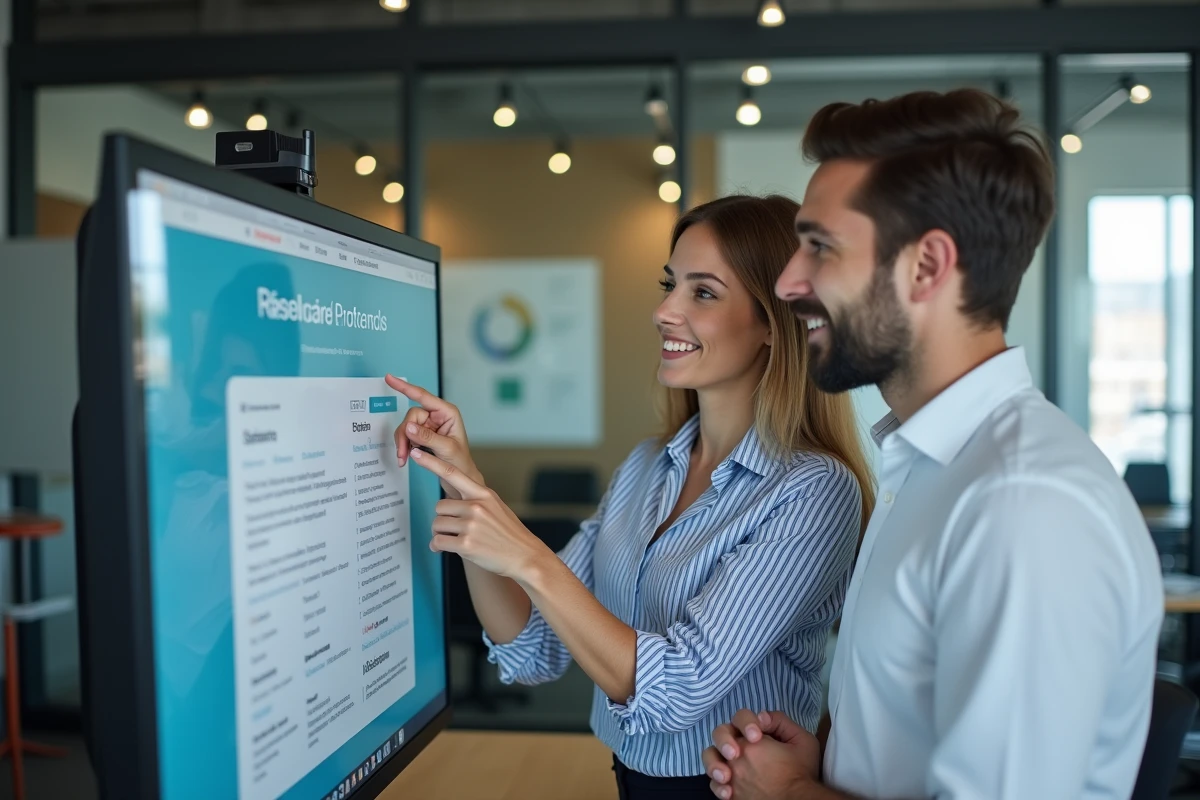 Deux collègues analysant ensemble les offres tarifaires d'une plateforme d'experts en ligne dans un bureau moderne
