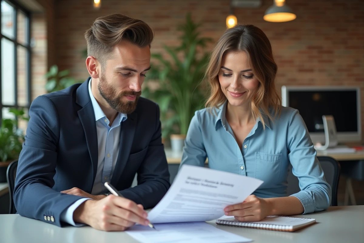 Deux collègues consultant ensemble une note de service sur les consignes de sécurité au travail dans un bureau moderne