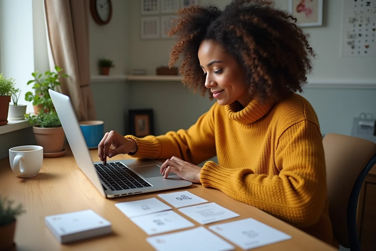 Jeune femme comparant des échantillons de cartes de visite commandées auprès d'imprimeurs en ligne