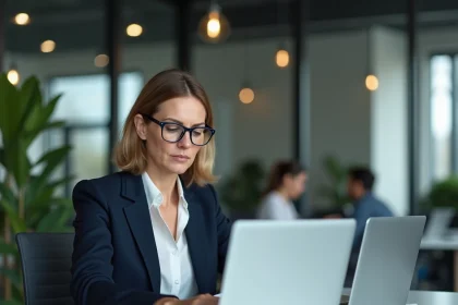 Femme professionnelle comparant deux stratégies de blog B2B sur des ordinateurs portables dans un bureau moderne