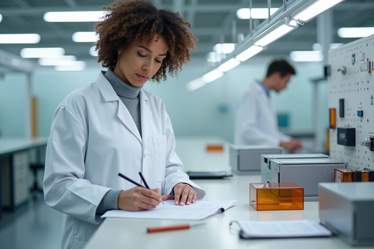 Chercheuse en laboratoire comparant différentes technologies de stockage d'énergie sur un banc d'essai