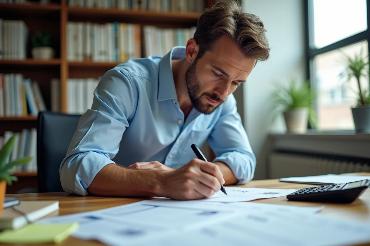 Comptable masculin annotant un bulletin de salaire pour calculer des heures supplémentaires avec une calculatrice