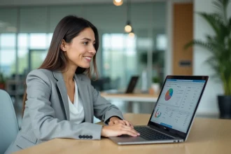 Femme professionnelle se connectant à un logiciel de gestion Extrabat sur un ordinateur portable dans un bureau moderne