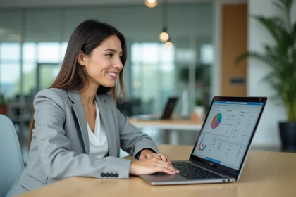 Femme professionnelle se connectant à un logiciel de gestion Extrabat sur un ordinateur portable dans un bureau moderne
