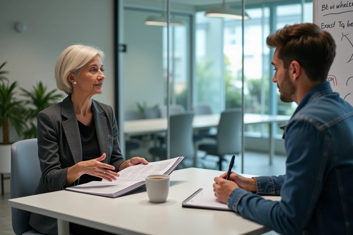 Conseillère en propriété intellectuelle expliquant les démarches INPI à un jeune entrepreneur en réunion