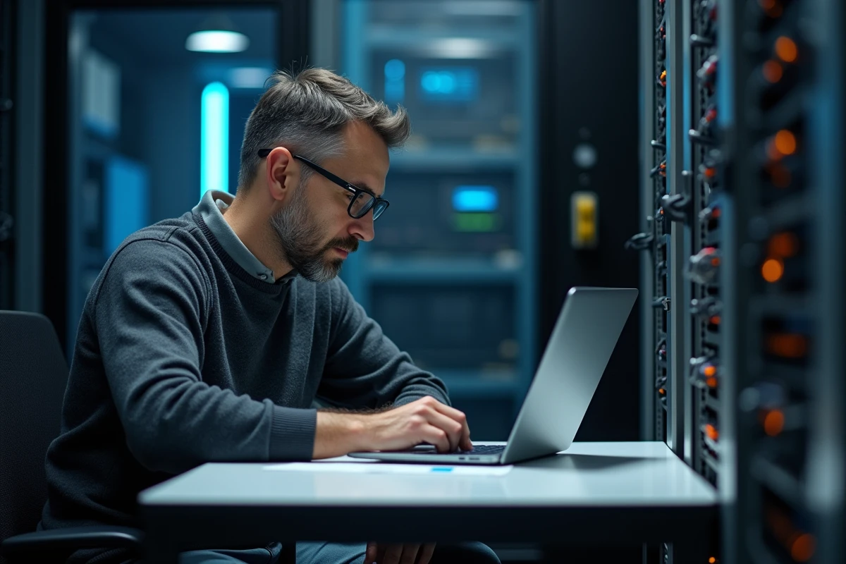 Consultant informatique configurant une connexion BI dans une salle serveur de PME avec checklist d'intégration sur tablette