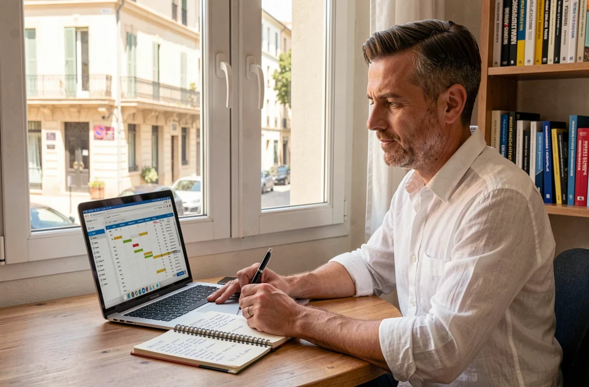 Paul Vengeons, consultant SEO indépendant, travaillant sur une stratégie de mots-clés depuis son bureau à Montpellier