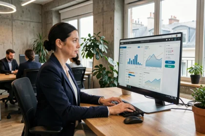 Consultante SEO travaillant sur des analyses de référencement dans une agence digitale moderne en Isère