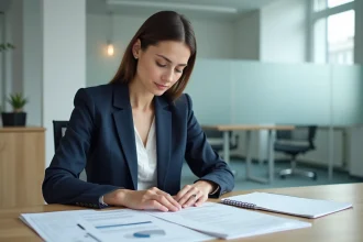 Femme professionnelle consultant le statut juridique d'une entreprise sur des documents officiels dans un bureau moderne