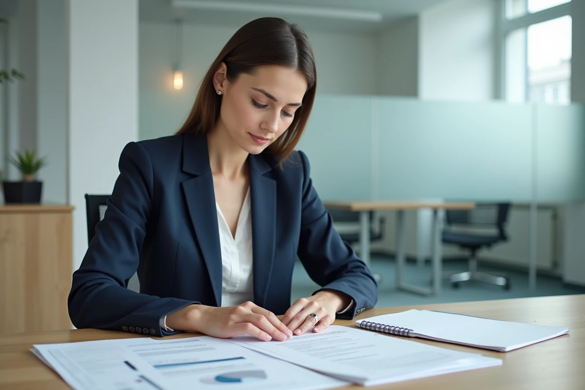 Femme professionnelle consultant le statut juridique d'une entreprise sur des documents officiels dans un bureau moderne