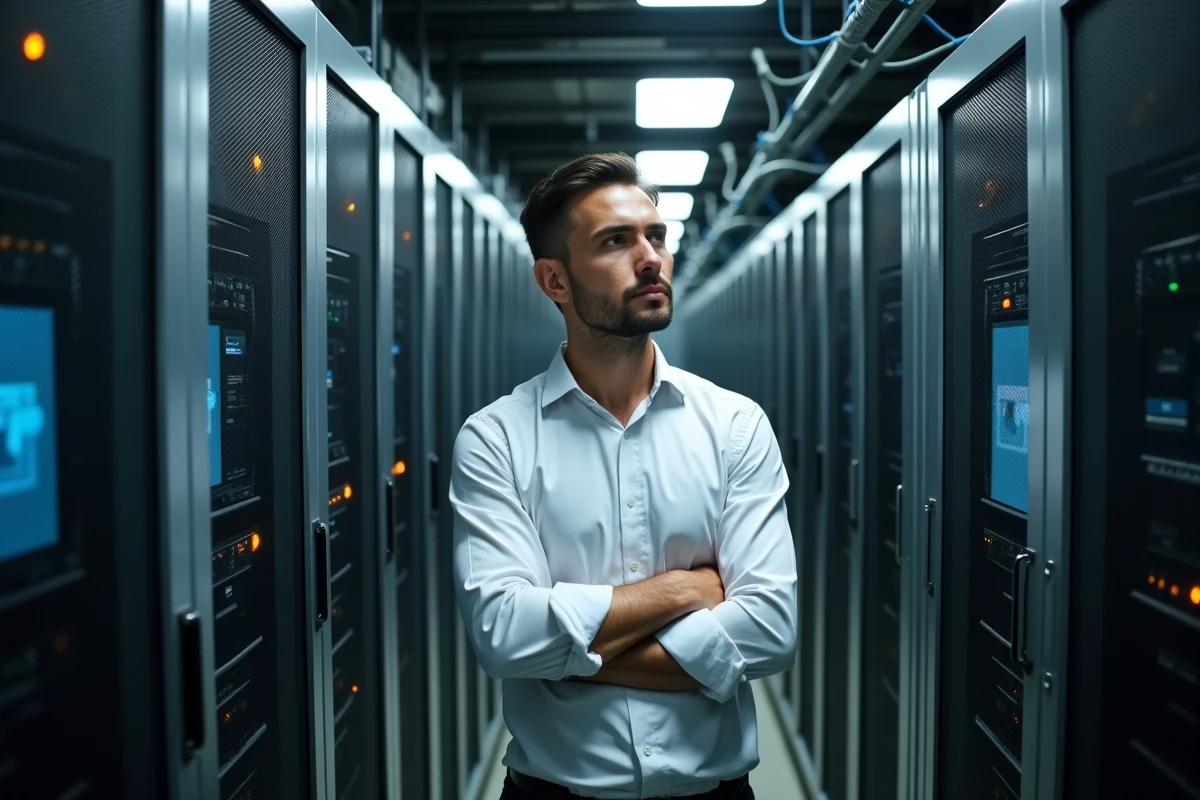 Responsable informatique dans une salle de serveurs face aux contraintes techniques de la transformation numérique