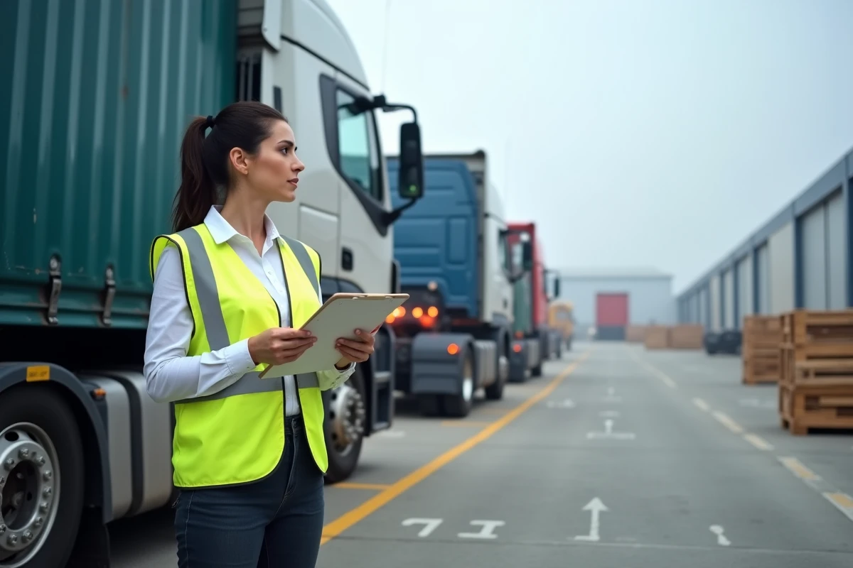 Coordinatrice logistique supervisant le chargement d'un camion de fret à un quai de chargement industriel