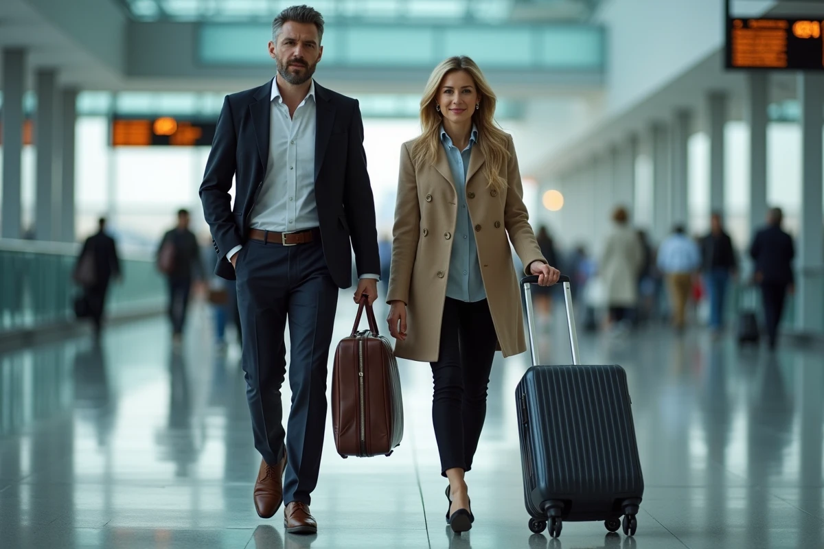 Couple professionnel marchant dans un terminal d'aéroport international, homme avec mallette et femme tirant une valise