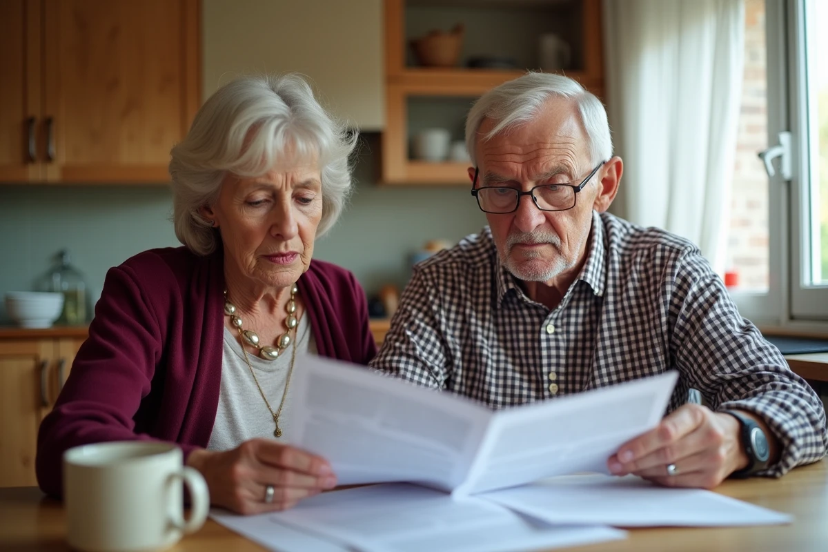 Couple de seniors examinant des documents de plainte à leur domicile
