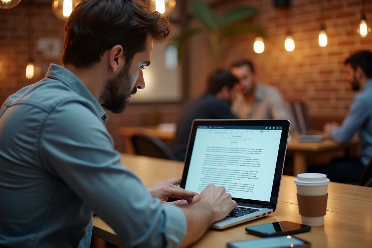 Jeune professionnel en espace de coworking rédigeant un modèle de demande de rupture conventionnelle sur ordinateur