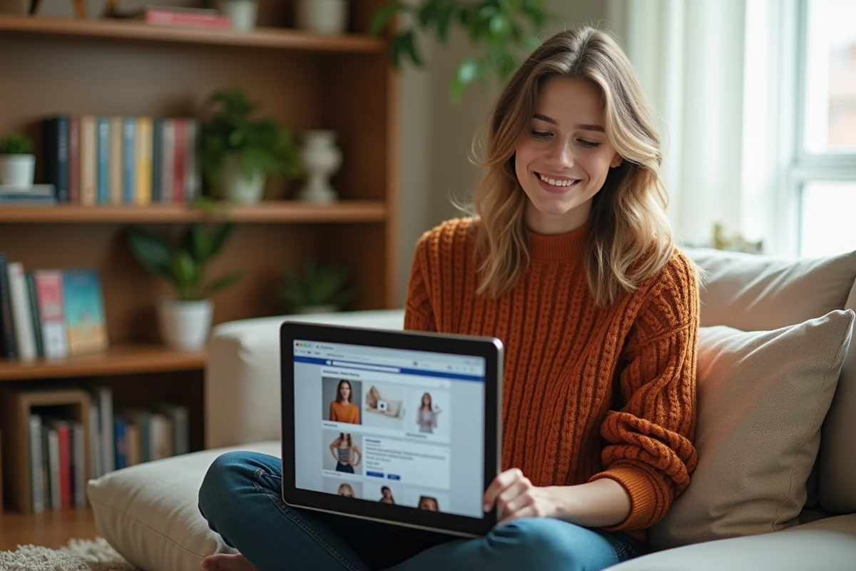Jeune femme créant une publicité Facebook sur son ordinateur portable depuis son bureau à domicile avec une ambiance chaleureuse