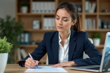 Femme professionnelle en télétravail examinant une demande de rupture conventionnelle à son bureau à domicile