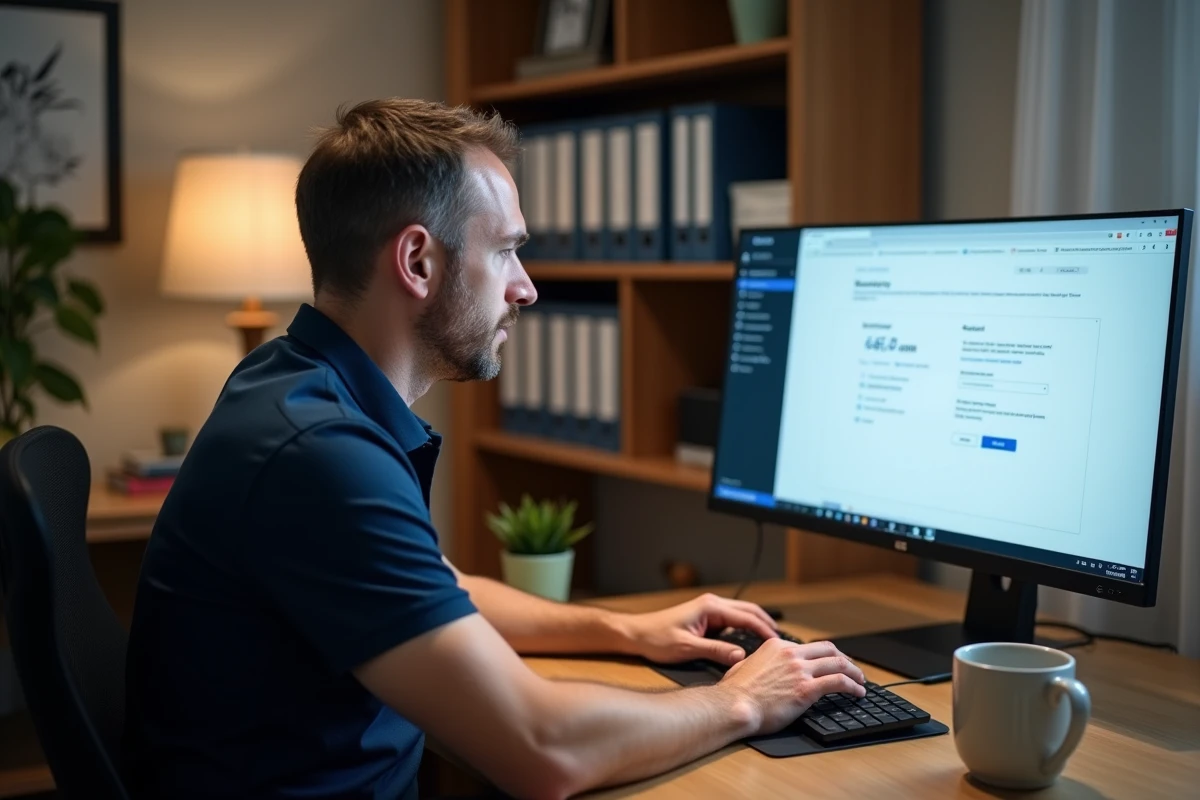 Homme en télétravail configurant son compte sur la plateforme Extrabat depuis un bureau à domicile