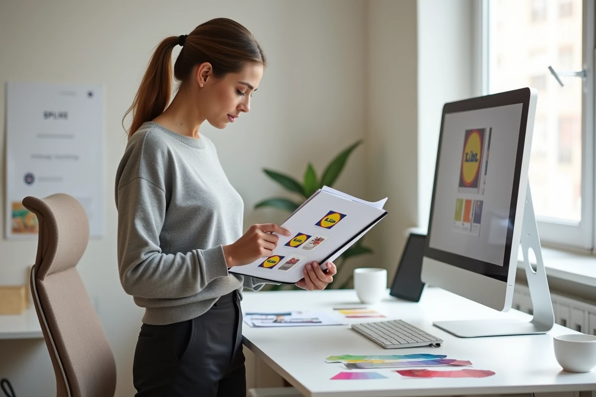 Designer graphique étudiant le guide de style de marque Lidl avec échantillons de couleurs et typographie