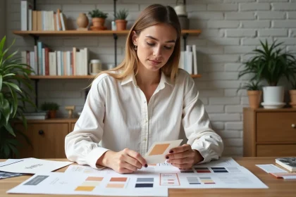 Designer graphique analysant des mockups d'identité de marque imprimés sur un bureau en bois dans un studio créatif scandinave