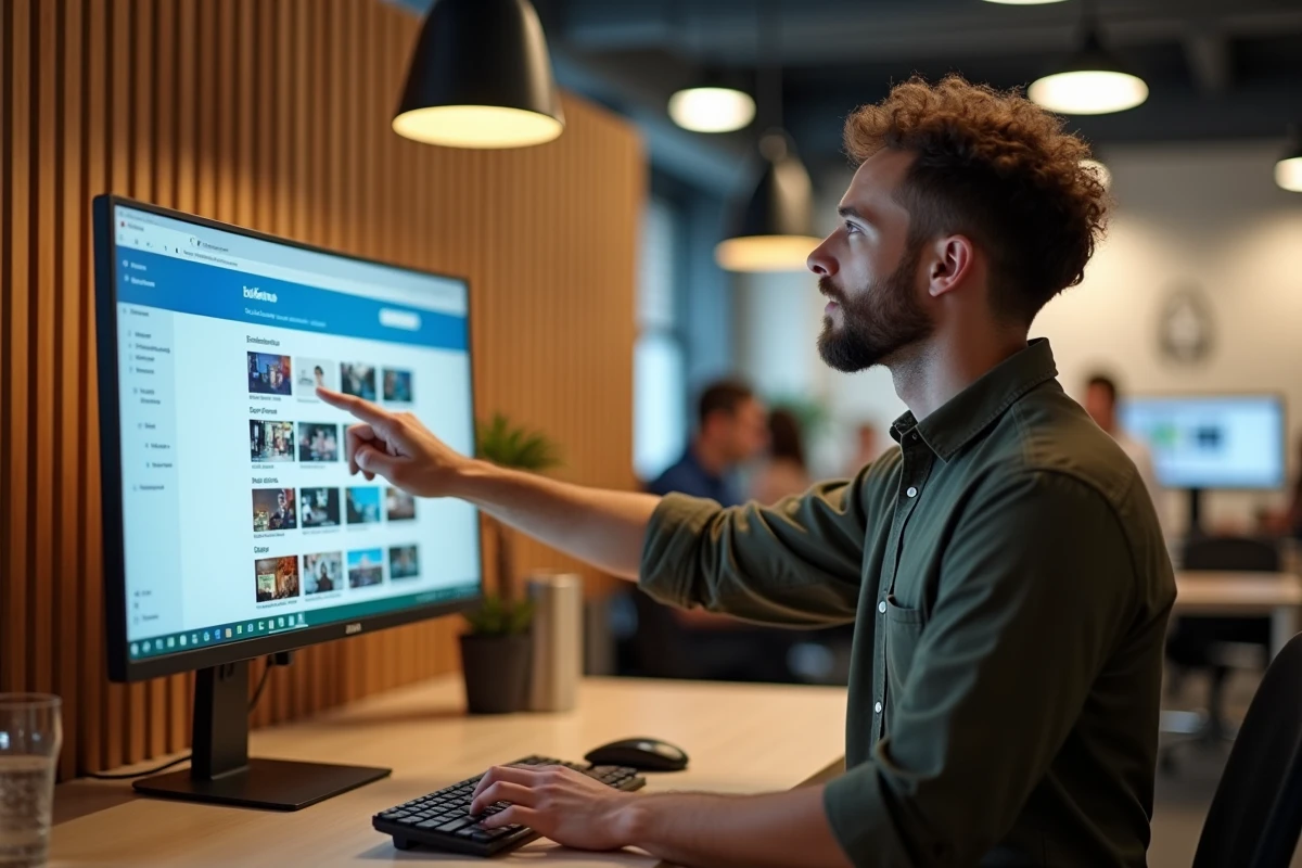 Designer en motion design utilisant l'interface de téléchargement d'Elements Envato sur un grand écran dans un espace de coworking