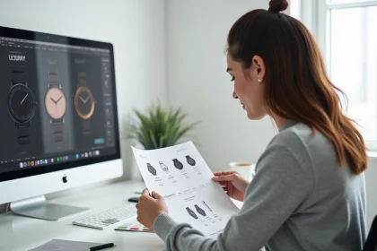 Designer graphique analysant une maquette de branding horloger pour vérifier la conformité juridique du logo avant utilisation commerciale