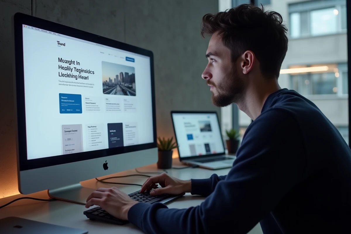 Designer web travaillant sur une interface de site internet avec une charte graphique de marque affichée sur un grand écran iMac