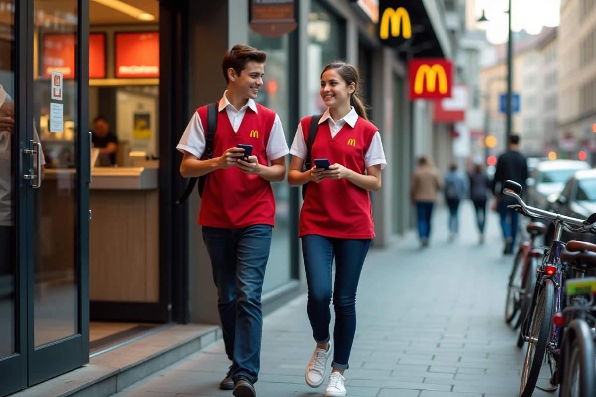 Deux jeunes employés de 16 ans en uniforme McDonald's sortant du restaurant après leur service