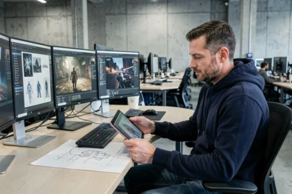 Développeur de jeux vidéo dans un studio moderne examinant des concepts artistiques sur tablette, symbolisant le rebranding de 343 Industries pour l'avenir de la franchise Halo