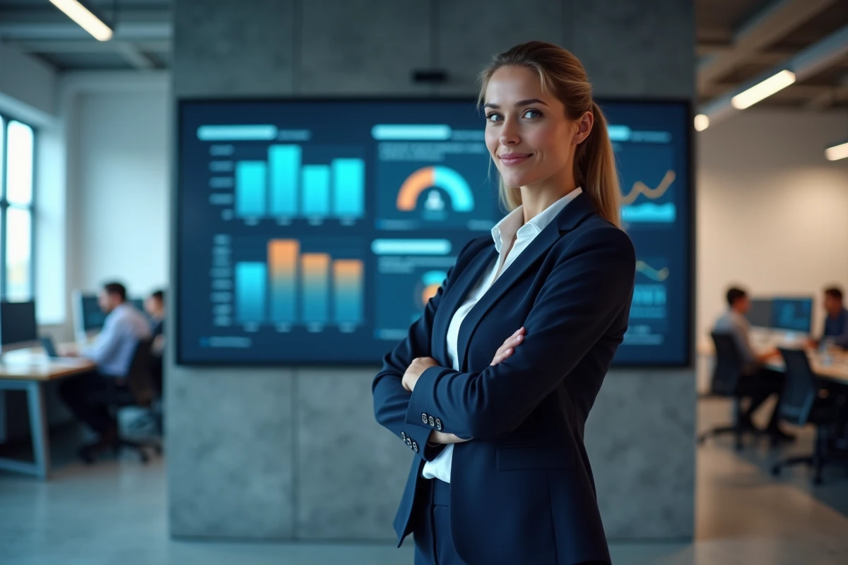 Dirigeante d'entreprise devant un tableau de bord numérique affichant les objectifs et indicateurs de performance d'une organisation