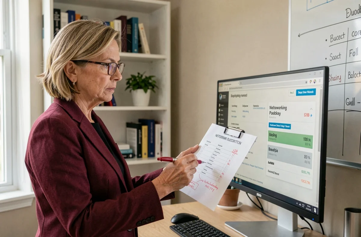 Dirigeante vérifiant les erreurs de tarification sur un abonnement de réseau B2B depuis son bureau à domicile