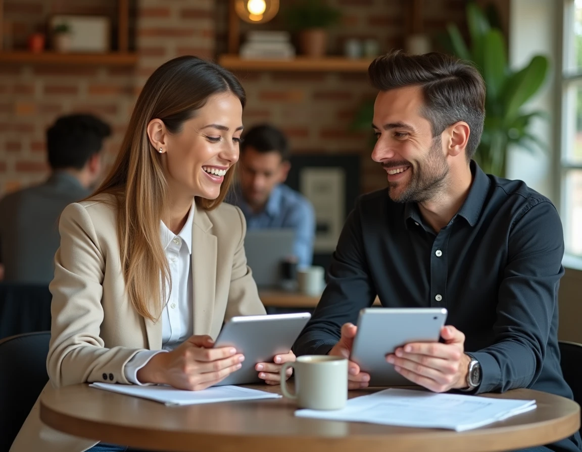 Deux professionnels B2B discutant de stratégie de contenu avec des tableaux de bord marketing sur tablette dans un espace de coworking